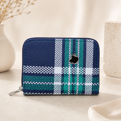 Mini Zipper Wallet for Women & Students — Navy & Teal Plaid