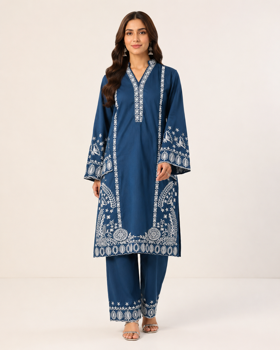 Embroidered Short Kameez with Straight Pant Stylish Cotton Kurti Set