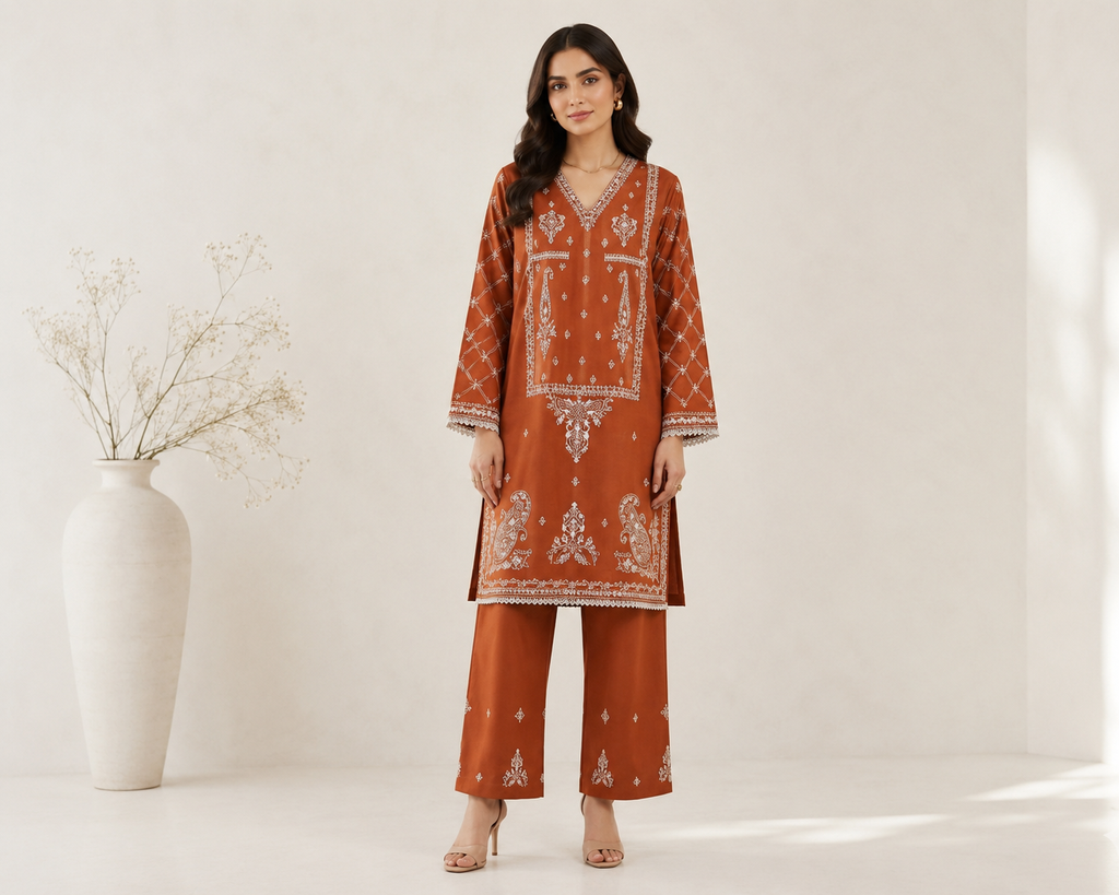 Women's Embroidered Kurti Set - Short Kamiz and Straight Pants