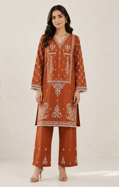 Women's Embroidered Kurti Set - Short Kamiz and Straight Pants