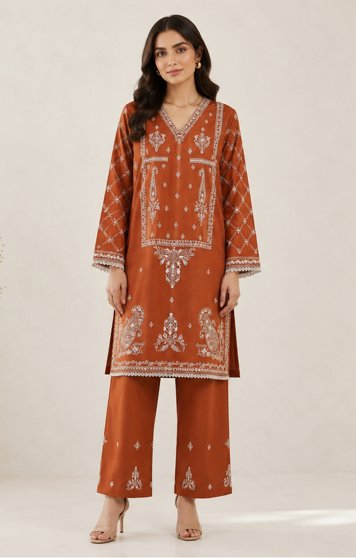 Women's Embroidered Kurti Set - Short Kamiz and Straight Pants
