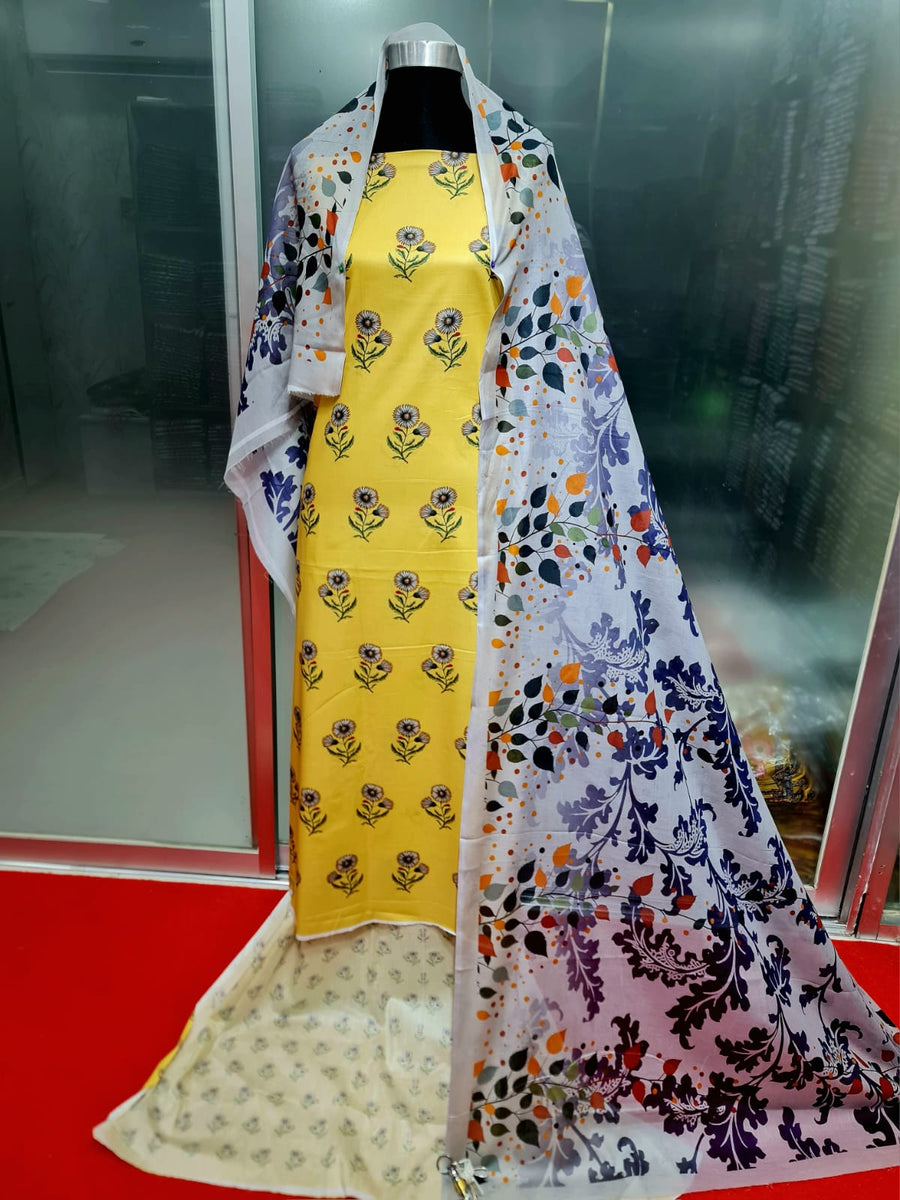 COCO Print Yellow Floral Digital Printed থ্রি-পিস | Regular Wear
