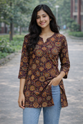 Deep Plum Medallion Floral Print Aarong Cotton Kurti | Summer Kurti for Women