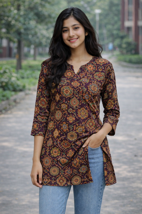 Deep Plum Medallion Floral Print Aarong Cotton Kurti | Summer Kurti for Women