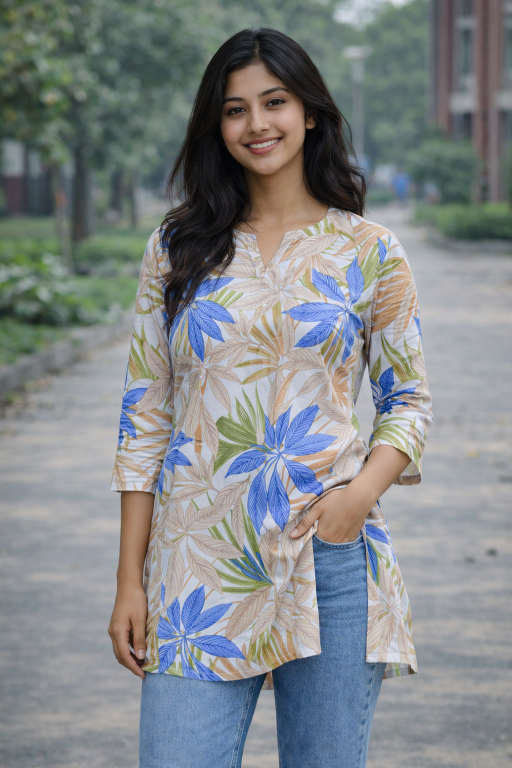 Cream Tropical Leaf Print Aarong Cotton Kurti | Summer Kurti for Women