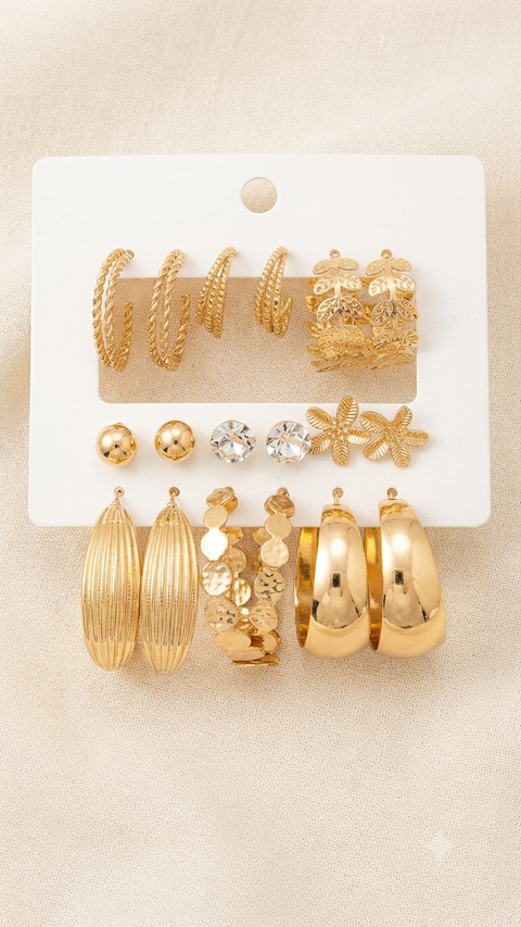 9-Pair Gold Hoop & Stud Earring Set – Vintage Mixed Styles | One Size