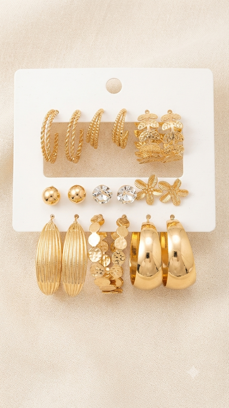 9-Pair Gold Hoop & Stud Earring Set – Vintage Mixed Styles | One Size
