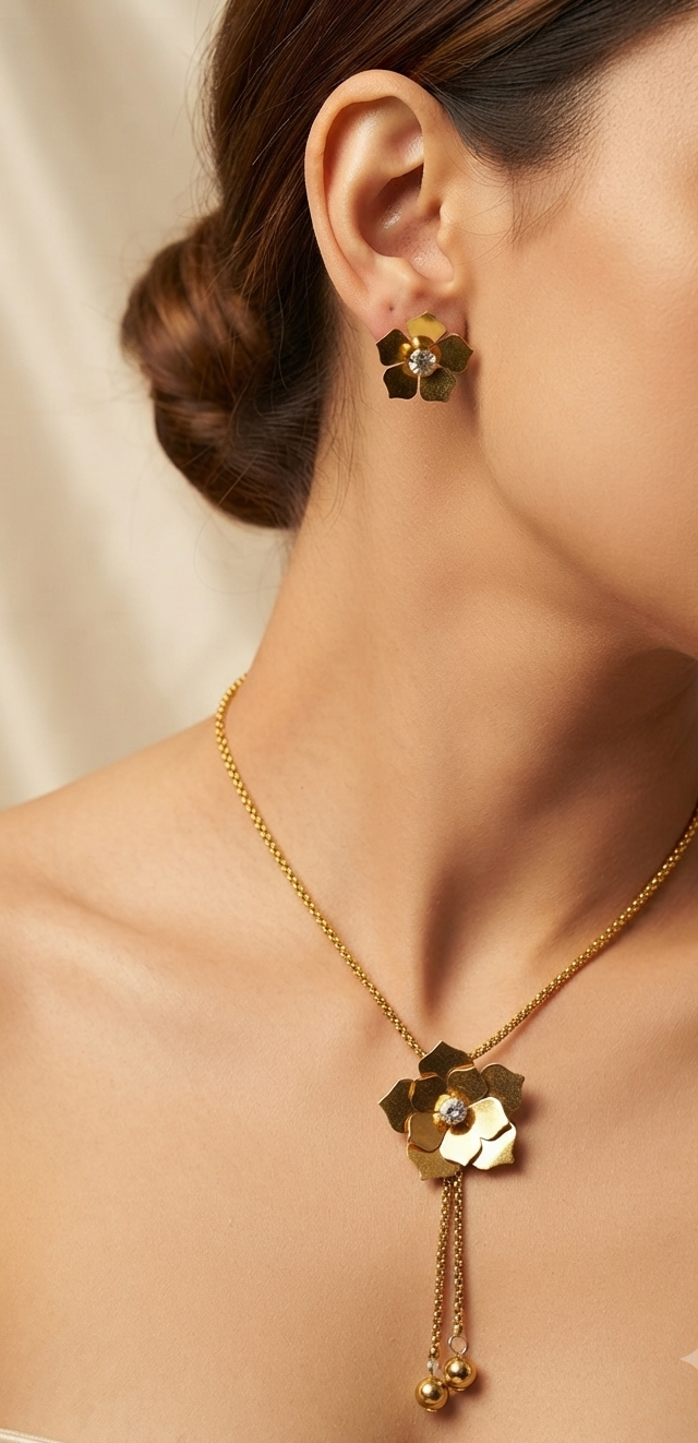 Gold Stainless Steel Crystal Flower Necklace & Earring Set – Vintage Luxury | One Size