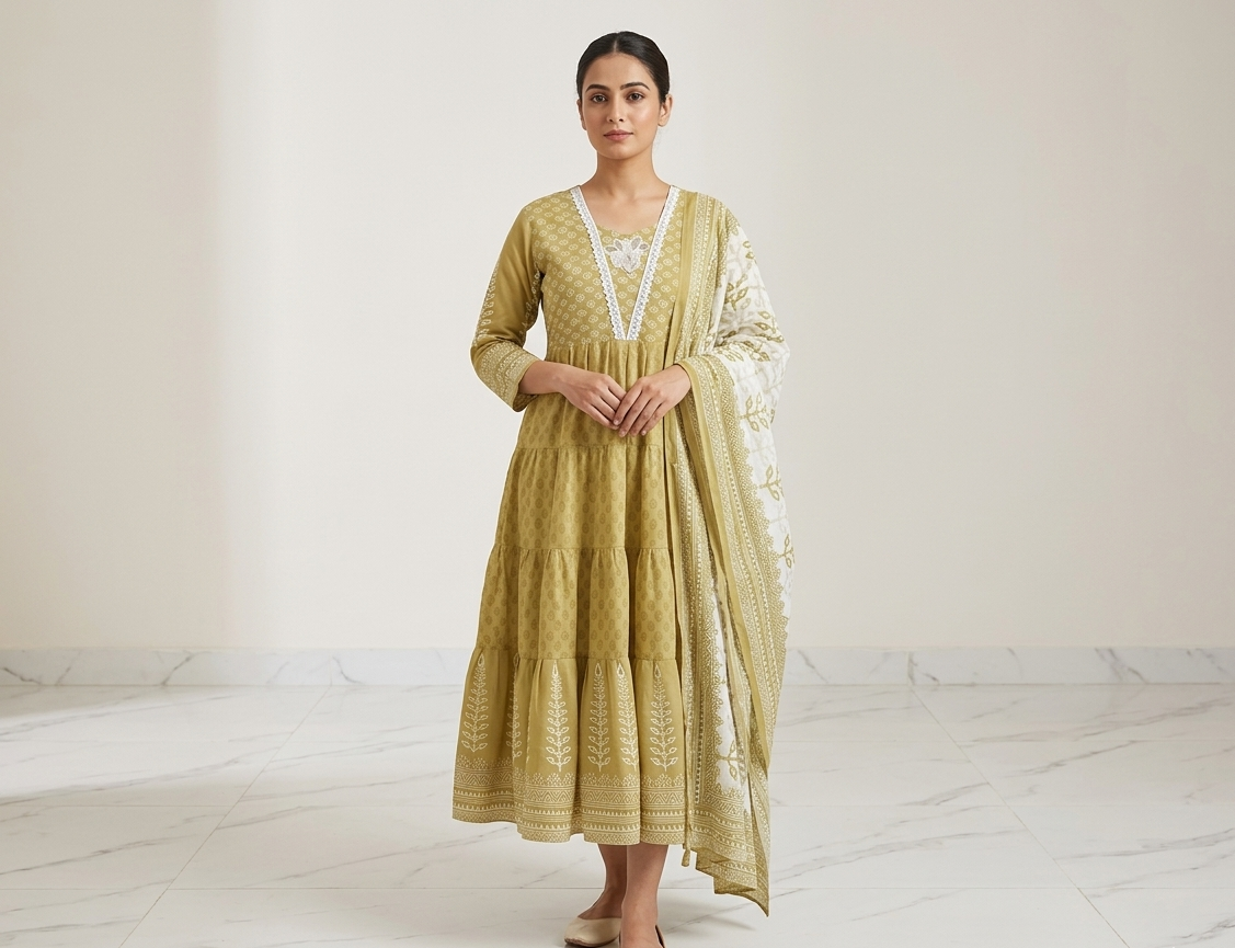 yellow Embroidered Anarkali Dress for Women