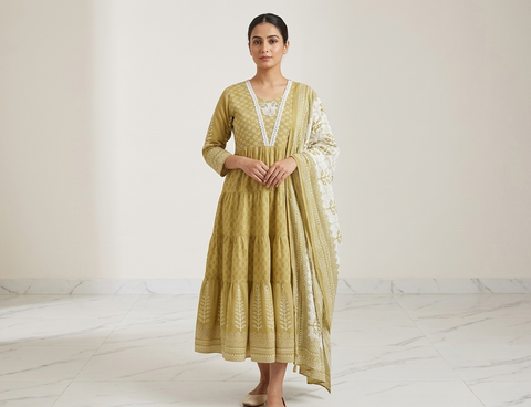 yellow Embroidered Anarkali Dress for Women