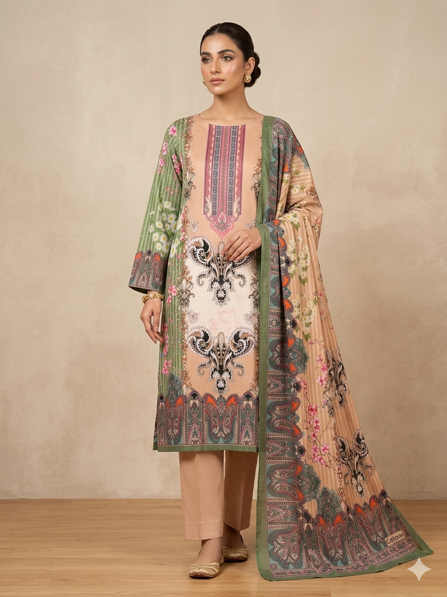Multicolor Green Floral Charizma Cotton থ্রি-পিস | Regular Wear
