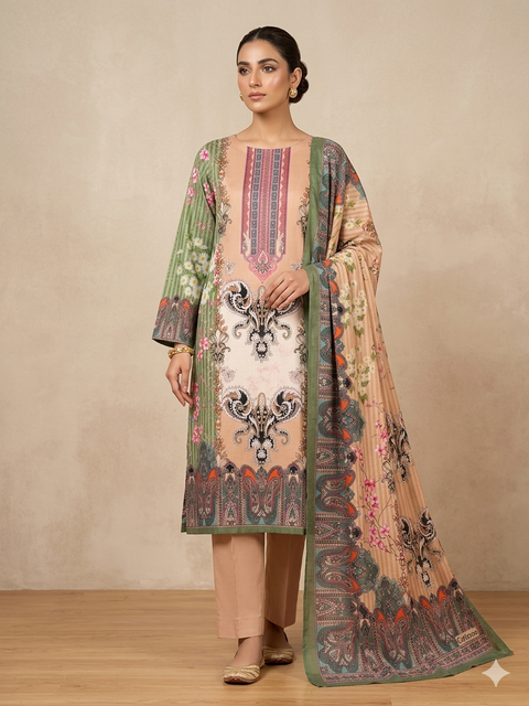 Multicolor Green Floral Charizma Cotton থ্রি-পিস | Regular Wear