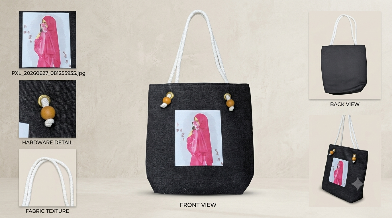 Pink Hijabi Art Tote Bag for Students & Working Women — Black