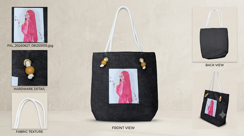 Pink Hijabi Art Tote Bag for Students & Working Women — Black