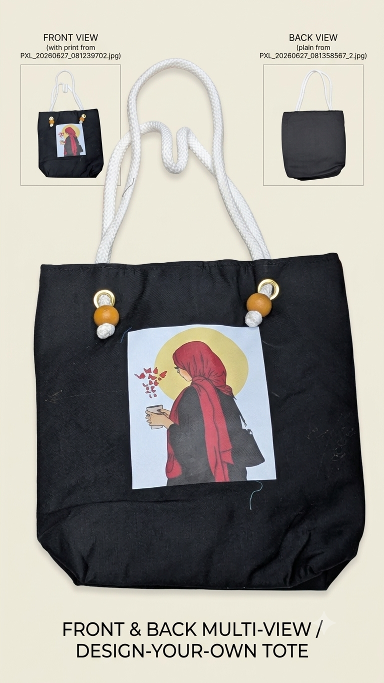 Red Hijabi Butterfly Art Tote Bag for Students & Working Women — Black