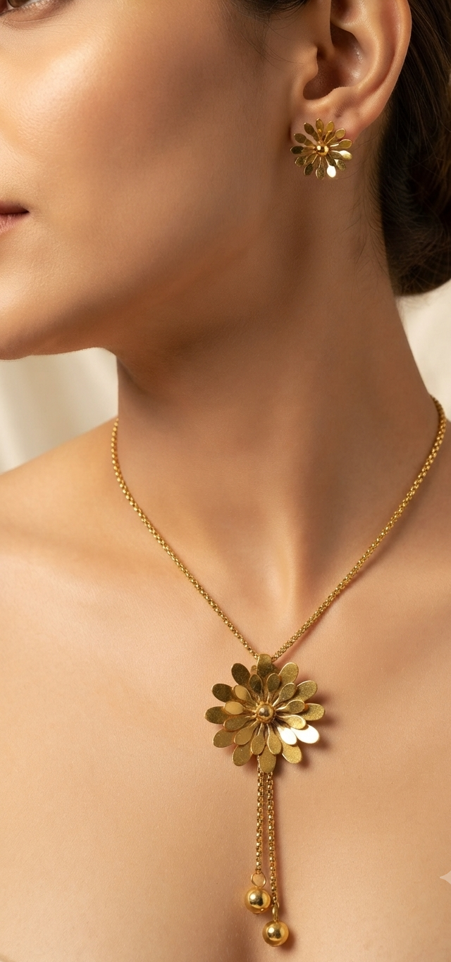 Gold Stainless Steel Daisy Sunflower Necklace & Earring Set – Vintage Boho Jewelry | One Size