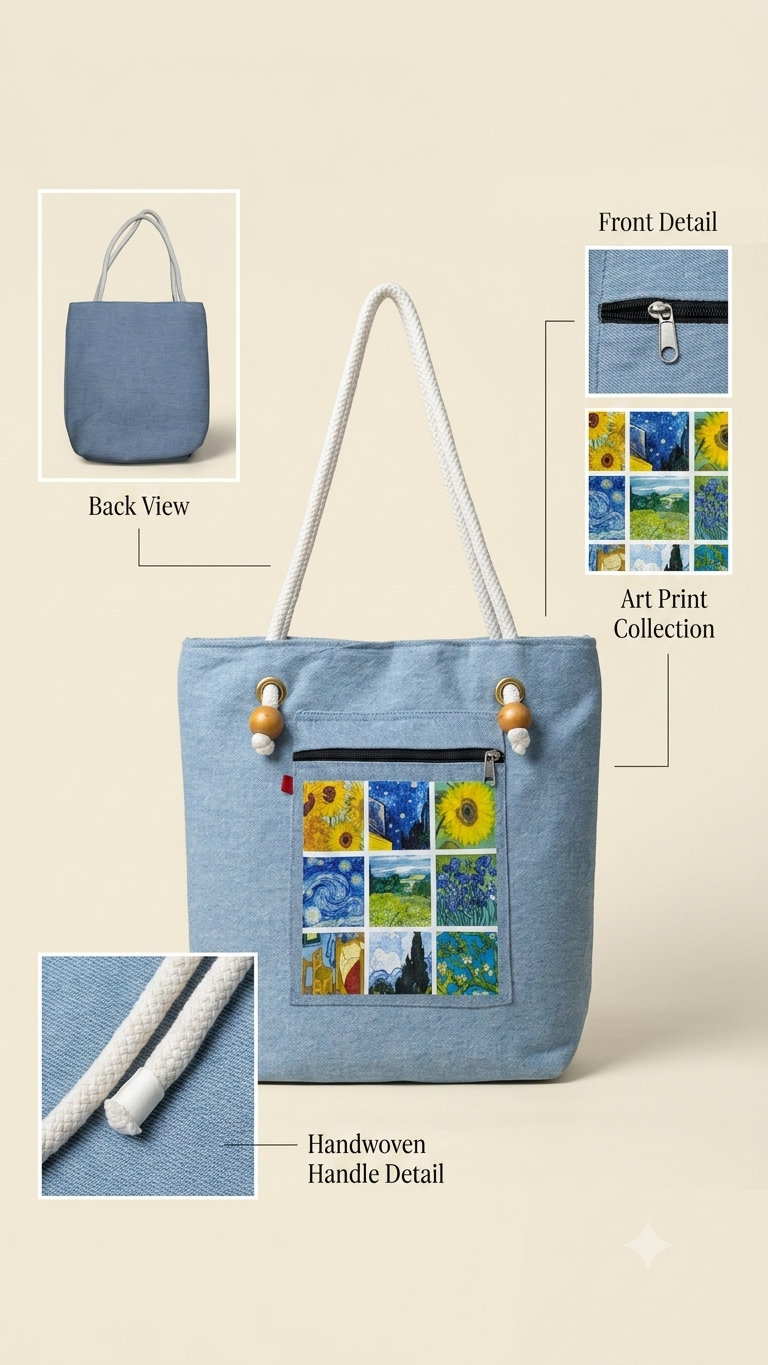 Van Gogh Art Collection Tote Bag for Students & Working Women — Sky Blue