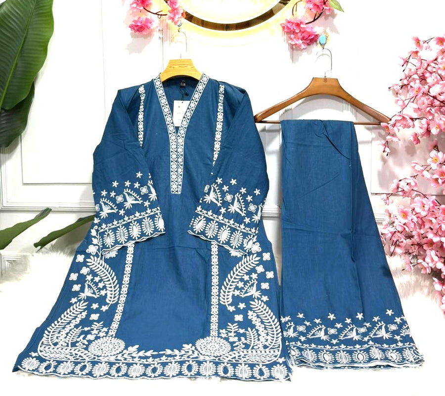 Embroidered Short Kameez with Straight Pant Stylish Cotton Kurti Set