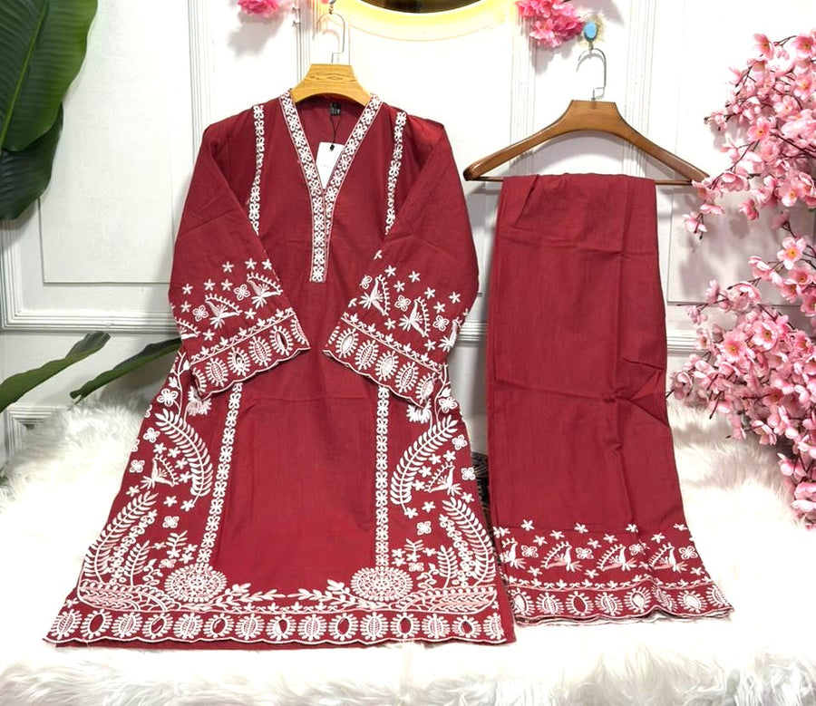 Embroidered Short Kameez with Straight Pant Stylish Cotton Kurti Set