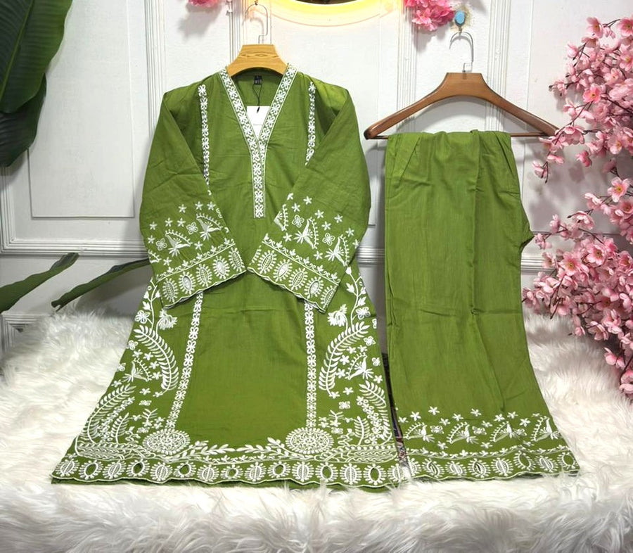 Embroidered Short Kameez with Straight Pant Stylish Cotton Kurti Set