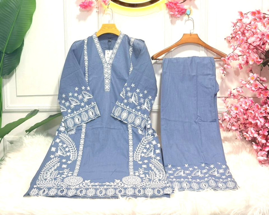 Embroidered Short Kameez with Straight Pant Stylish Cotton Kurti Set