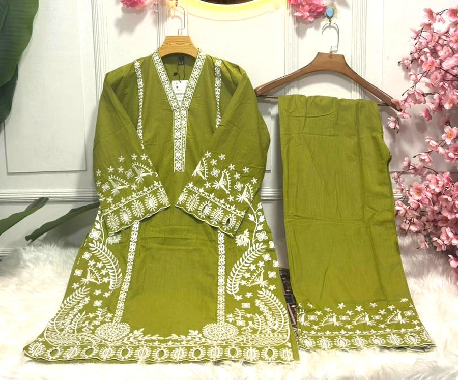 Embroidered Short Kameez with Straight Pant Stylish Cotton Kurti Set