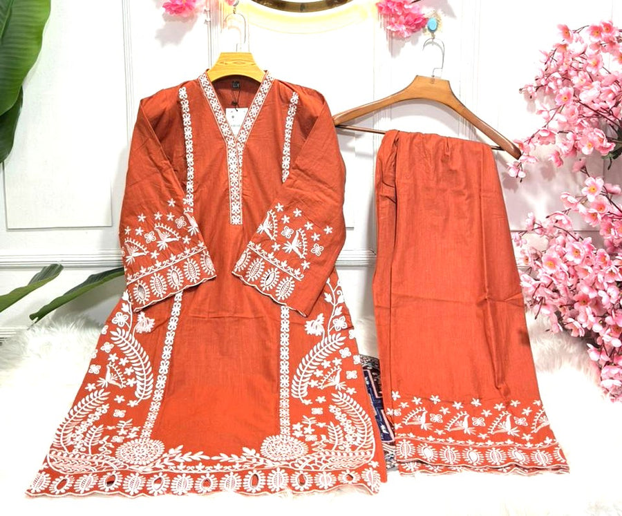 Embroidered Short Kameez with Straight Pant Stylish Cotton Kurti Set