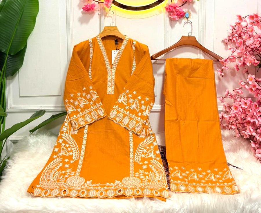 Embroidered Short Kameez with Straight Pant Stylish Cotton Kurti Set