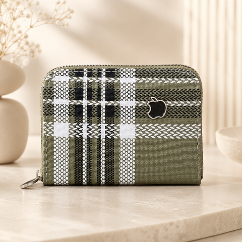 Mini Zipper Wallet for Women & Students — Olive Green Tartan