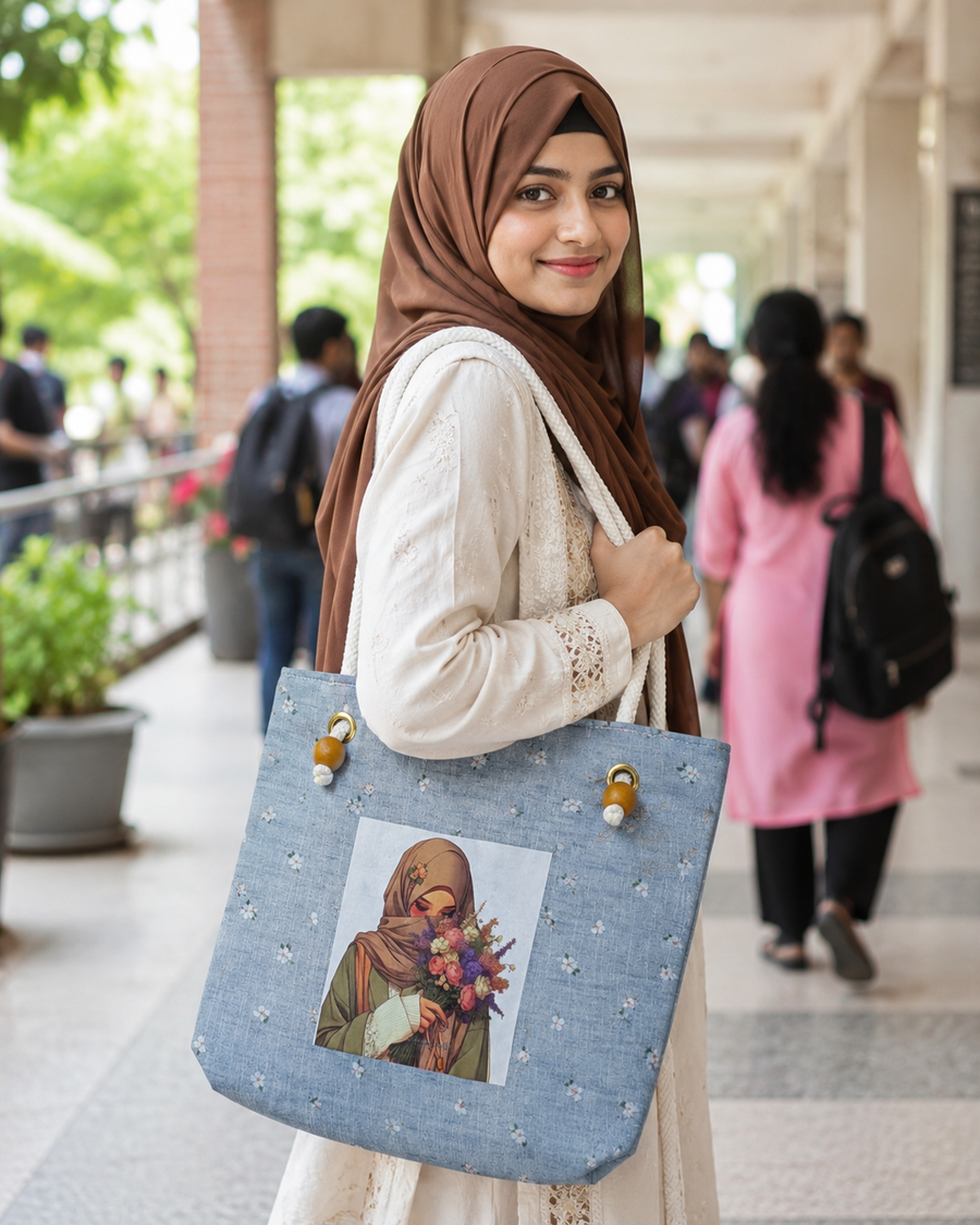 Floral Denim Tote Bag for Students & Working Women — Sky Blue