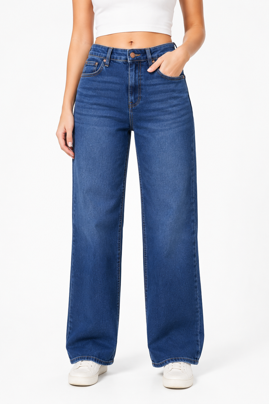 Women's High-Rise Straight Leg Star Embroidered Stretch Denim Jeans | Medium Blue