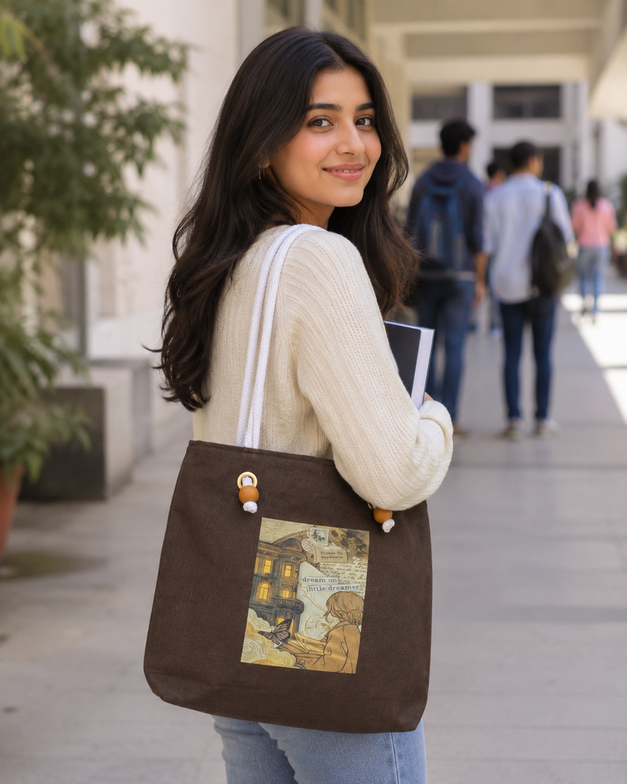 "Dream On Little Dreamer" Vintage Art Tote Bag — Dark Brown