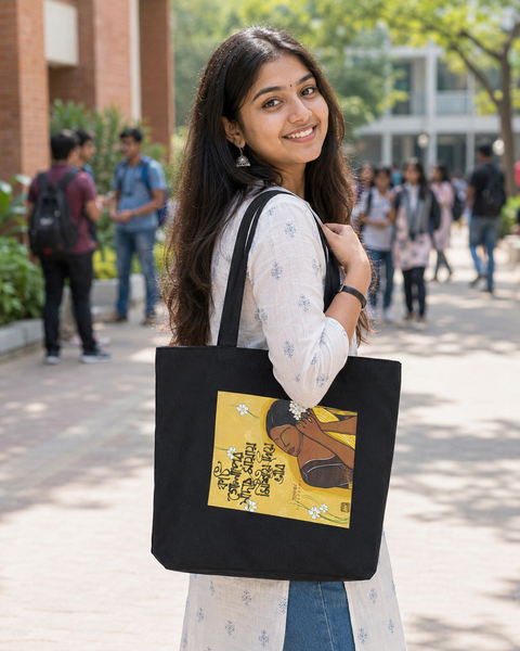 Trendy Bangla Art Tote Bag for Students & Working Women — Black
