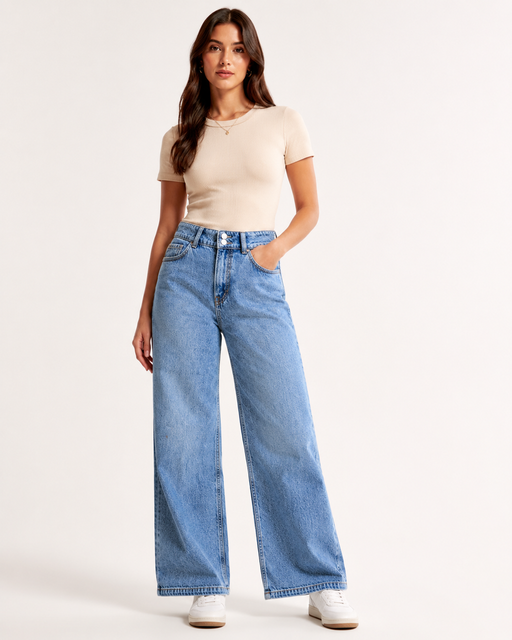 Women's High-Rise Baggy Wide Leg Acid Wash Stretch Denim Jeans | Light Blue