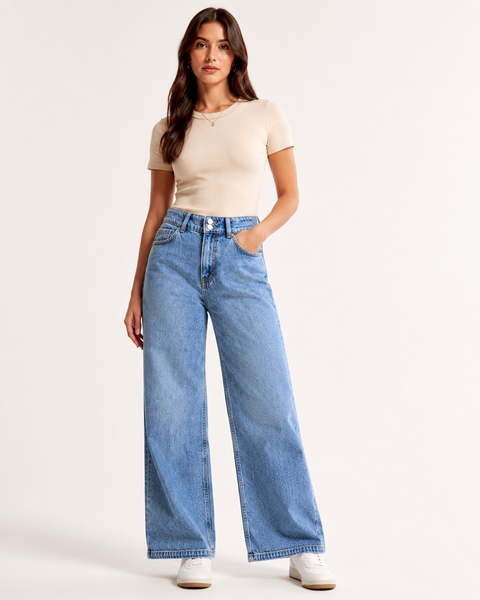 Women's High-Rise Baggy Wide Leg Acid Wash Stretch Denim Jeans | Light Blue