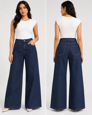 Women's High-Rise Baggy Wide Leg Stretch Denim Jeans | Dark Indigo / Navy