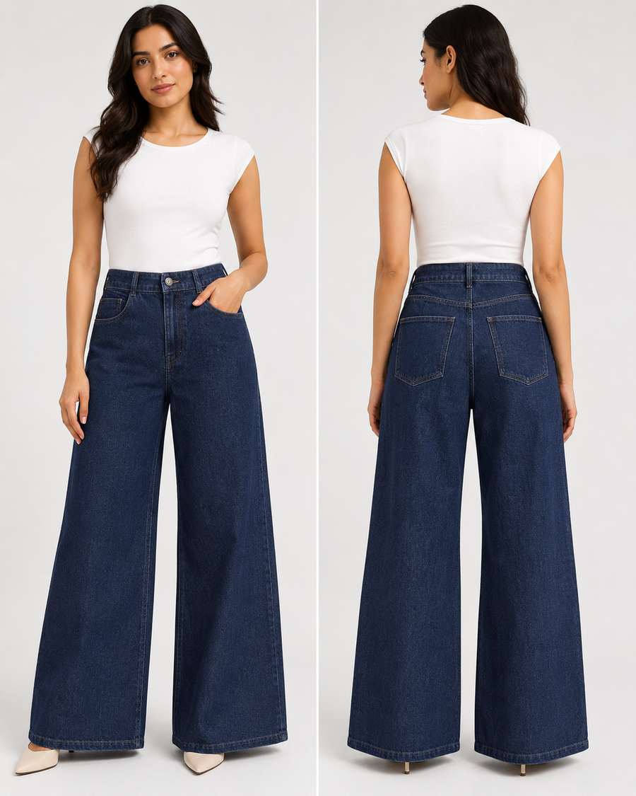 Women's High-Rise Baggy Wide Leg Stretch Denim Jeans | Dark Indigo / Navy
