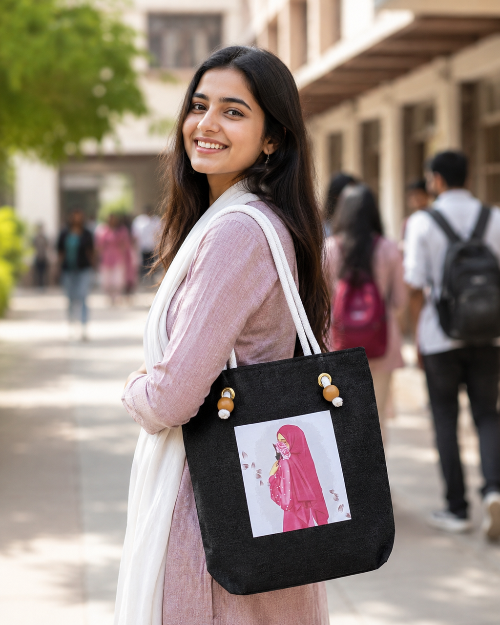 Pink Hijabi Art Tote Bag for Students & Working Women — Black