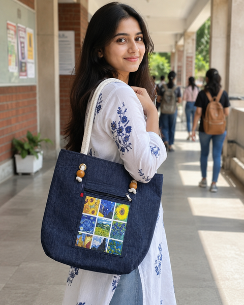 Van Gogh Art Collection Tote Bag for Students & Working Women — Navy Denim