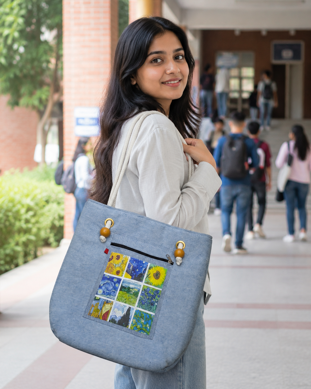 Van Gogh Art Collection Tote Bag for Students & Working Women — Sky Blue