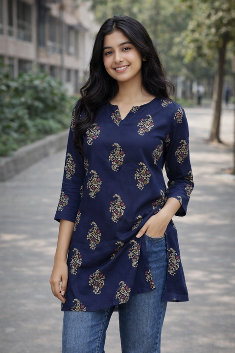 Navy Blue Paisley Print Aarong Cotton Kurti | Summer Kurti for Women