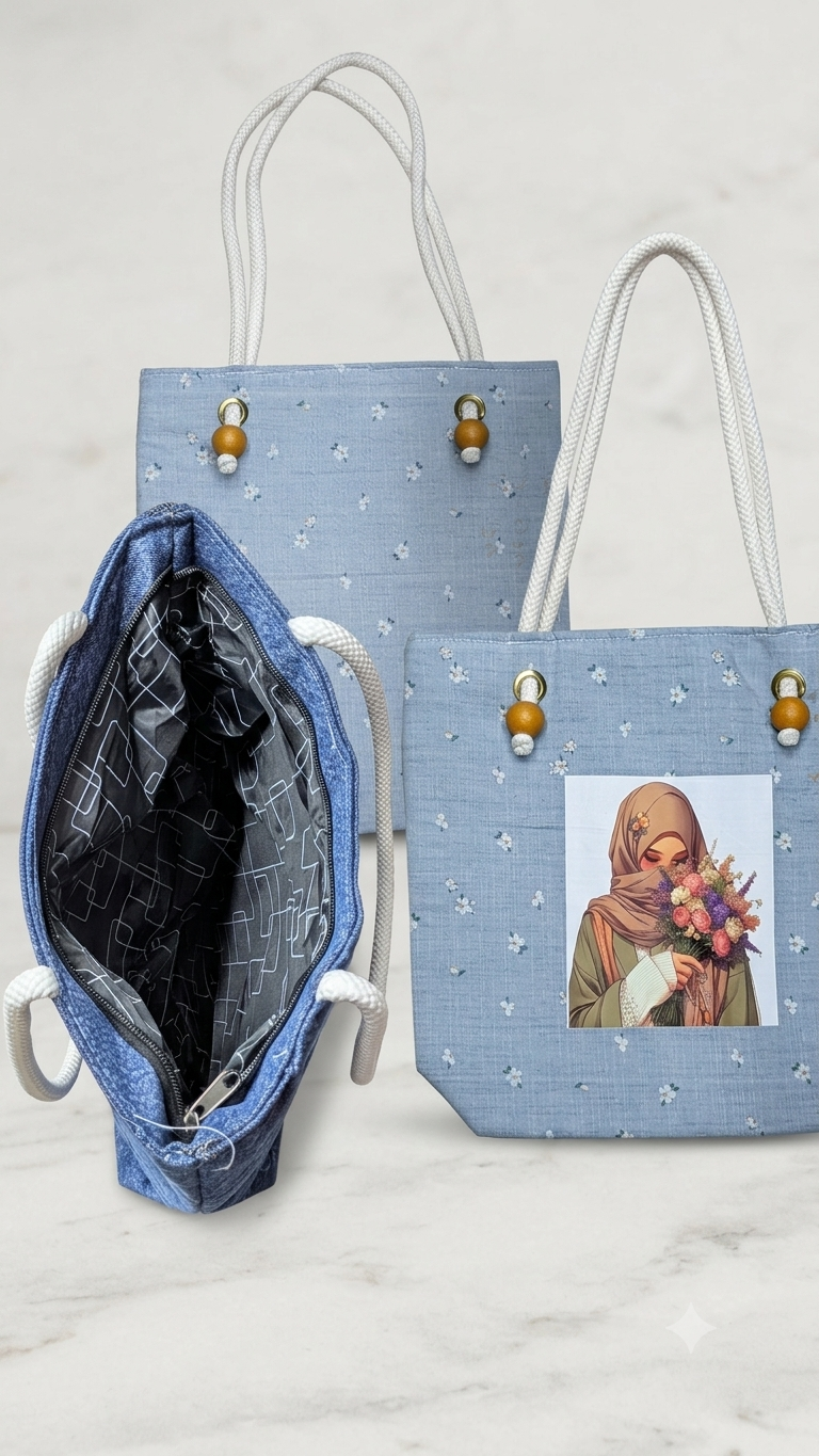 Floral Denim Tote Bag for Students & Working Women — Sky Blue