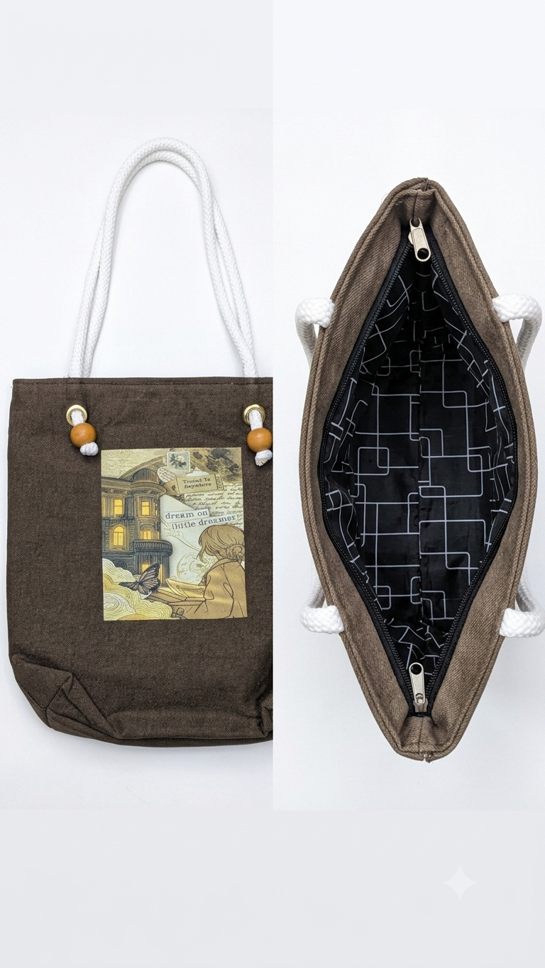 "Dream On Little Dreamer" Vintage Art Tote Bag — Dark Brown