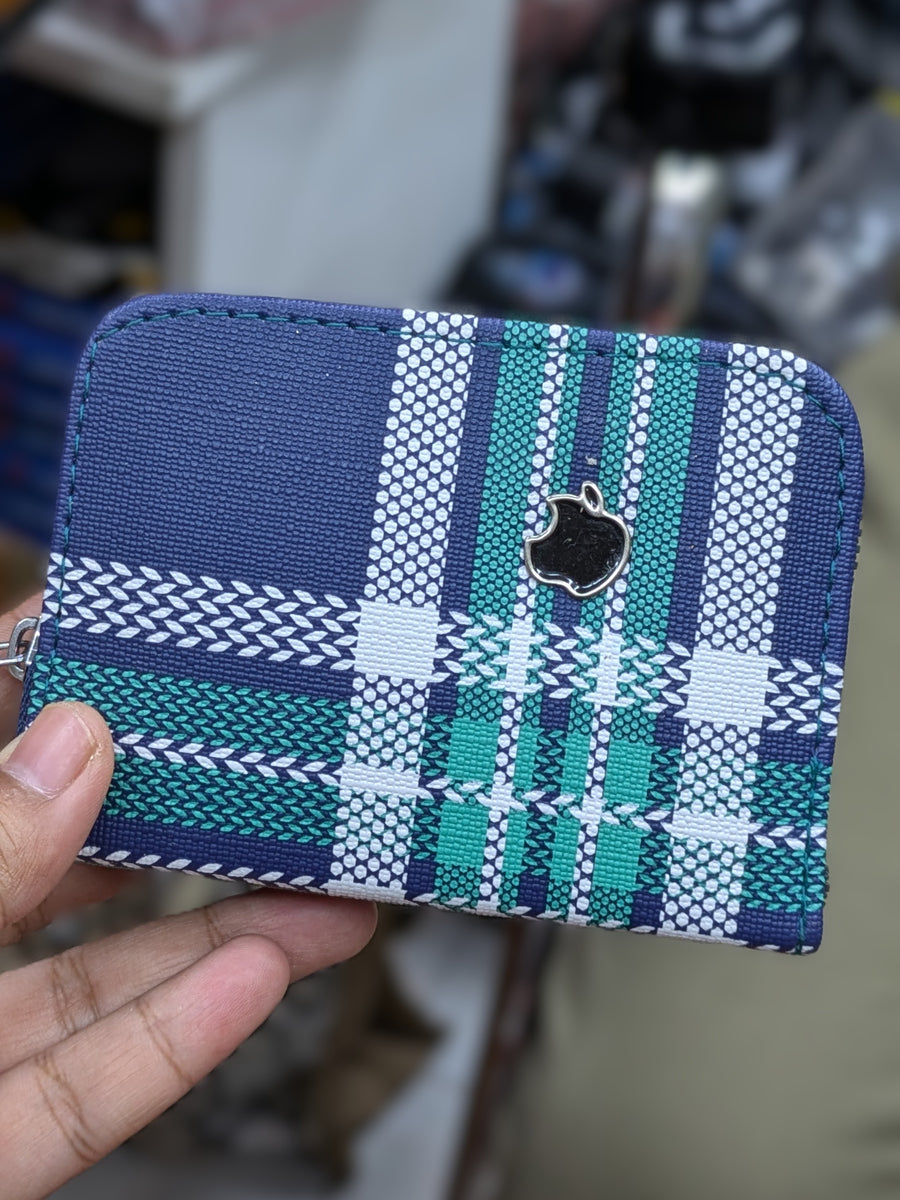 Mini Zipper Wallet for Women & Students — Navy & Teal Plaid