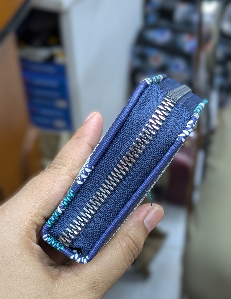 Mini Zipper Wallet for Women & Students — Navy & Teal Plaid