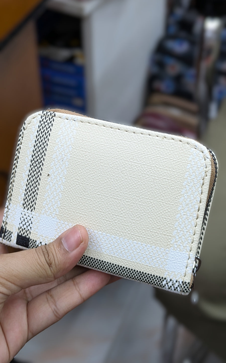 Mini Zipper Wallet for Women & Students — Cream & Black Stripe