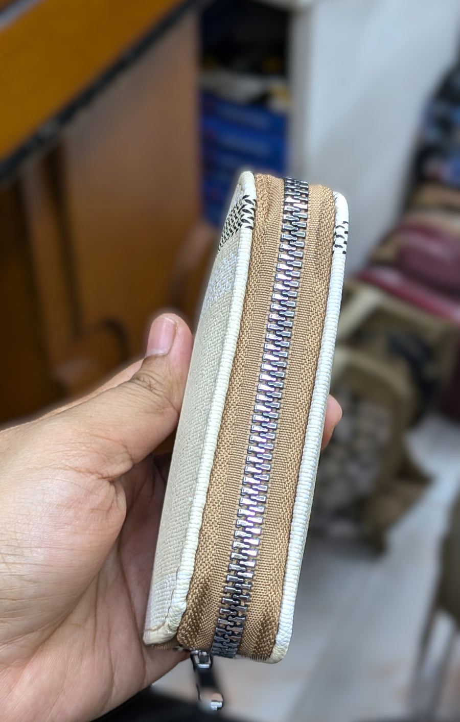 Mini Zipper Wallet for Women & Students — Cream & Black Stripe