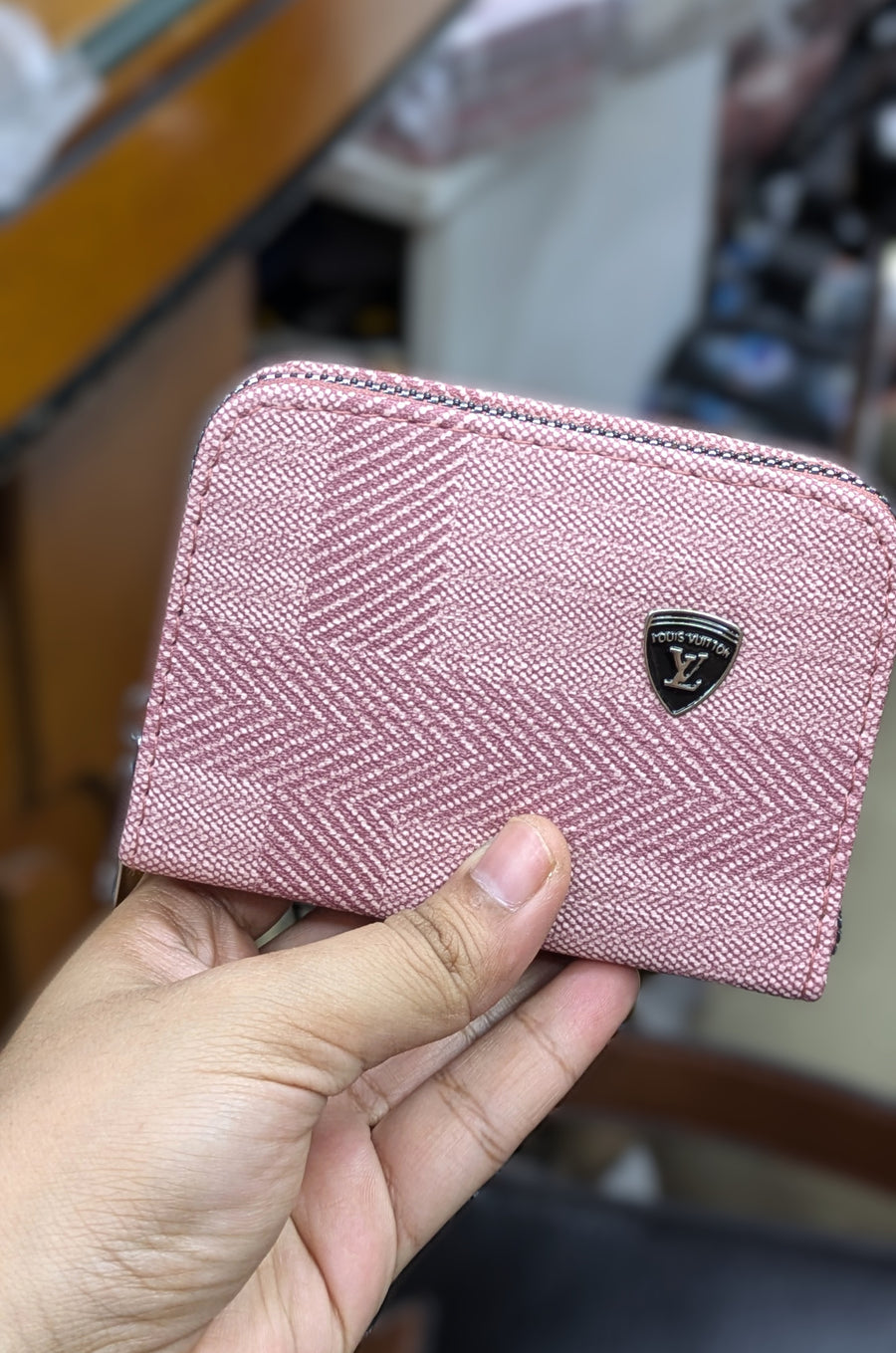 Mini Zipper Wallet for Women & Students — Blush Pink Chevron