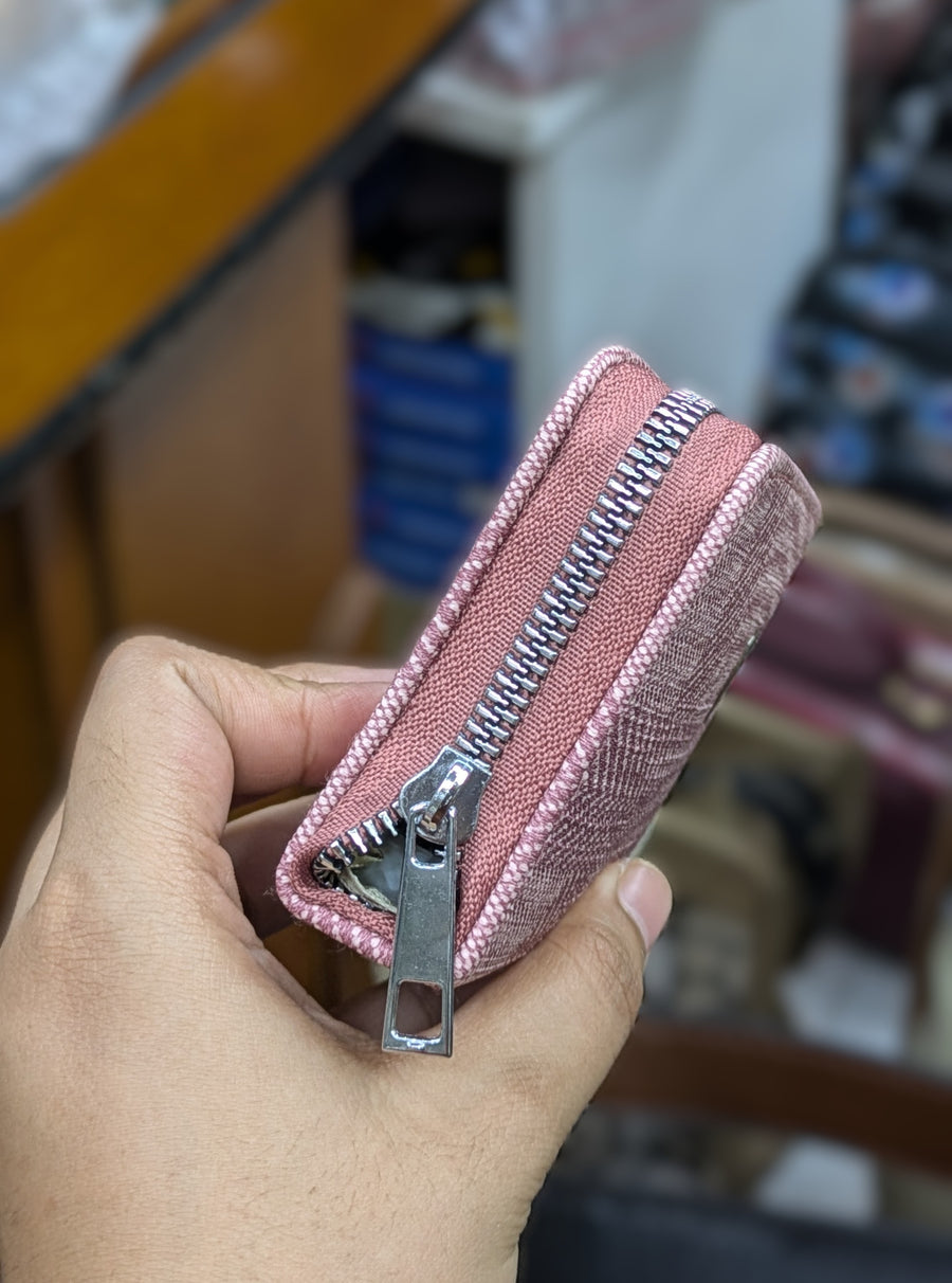 Mini Zipper Wallet for Women & Students — Blush Pink Chevron
