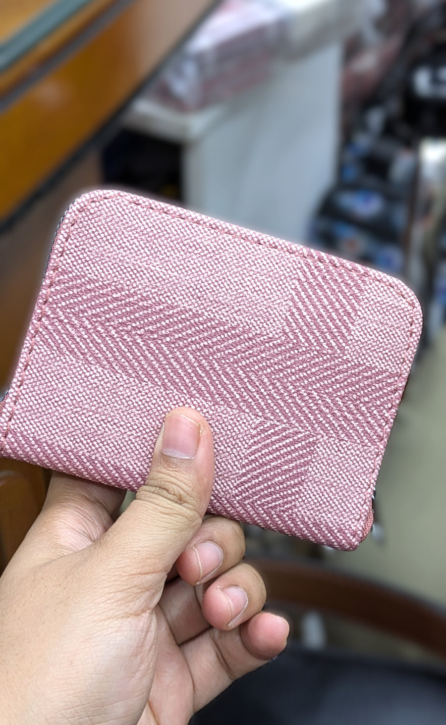Mini Zipper Wallet for Women & Students — Blush Pink Chevron